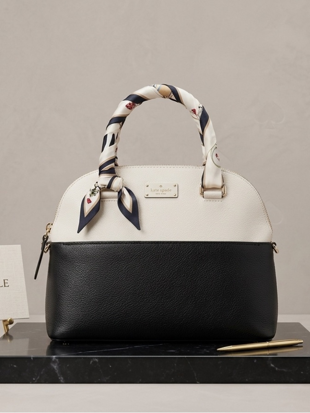 Leather Two-Tone Satchel Bag - Black and Cream